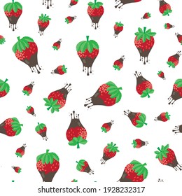 Chocolate dipped strawberry seamless vector pattern background. Painterly red berries dripping with melting drops of sweet ganache. Garden fruit repeat for summer party food and celebration concept