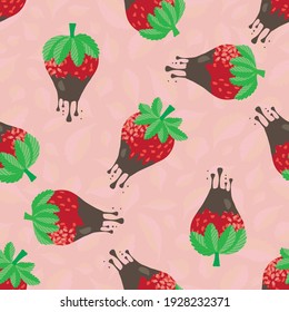 Chocolate dipped strawberry seamless vector pattern background. Red berries dripping with melting drops of sweet ganache on textured leaf backdrop. Fruit repeat for party food and celebration concept