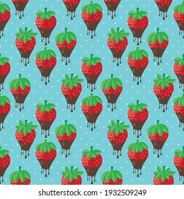 Schokoladenteiler Erdbeeren, nahtloser Vektormuster-Hintergrund. Malerische rote Beeren, die mit geschmolzenem Ganache auf blauem Polka-Punkt-Hintergrund tropfen. Fruchtkonfektionserie für sommerliche Feierlichkeiten