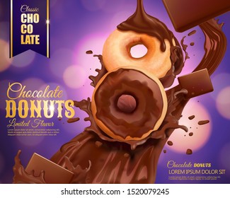 Chocolate donut ads with splashing sauce on bokeh purple background in 3d illustration