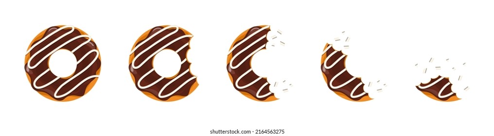 Chocolate donut bite. Dessert doughnut bitten. Sweet cake. Chocolate donuts. Icon of cartoon food. Circle doughnut with glazed and cream. Set of half and bite of cake. Vector.