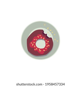 Chocolate donut with bite mark, red glaze and yellow sprinkles lying on a plate seen from top view - flat sticker isolated on white background. Cute dessert food vector illustration.