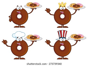 Chocolate Donut Cartoon Character 4.  Vector Collection Set Isolated On White