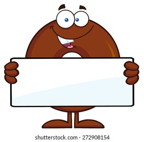 Chocolate Donut Cartoon Character Holding a Blank Sign. Vector Illustration Isolated On White