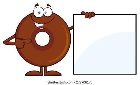 Chocolate Donut Cartoon Character Showing A Blank Sign. Vector Illustration Isolated On White
