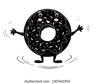 Chocolate donut cartoon character with sprinkles. Drawn vector illustration in lines