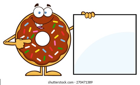 Chocolate Donut Cartoon Character With Sprinkles Showing A Blank Sign. Vector Illustration Isolated On White