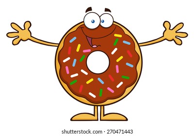 Chocolate Donut Cartoon Character With Sprinkles Wanting A Hug. Vector Illustration Isolated On White