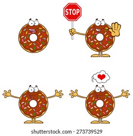  Chocolate Donut Cartoon Character With Sprinkles 3. Vector Collection Set Isolated On White