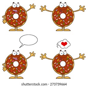  Chocolate Donut Cartoon Character With Sprinkles 1. Vector Collection Set Isolated On White