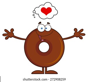 Chocolate Donut Cartoon Character Thinking Of Love And Wanting A Hug. Vector Illustration Isolated On White