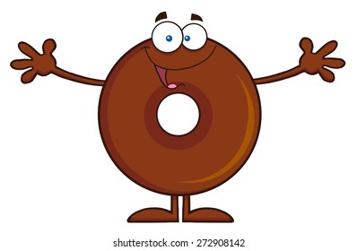 Chocolate Donut Cartoon Character Wanting A Hug. Vector Illustration Isolated On White