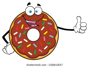 Chocolate Donut Cartoon Mascot Character With Sprinkles Giving A Thumb Up. Vector Illustration Isolated On White Background