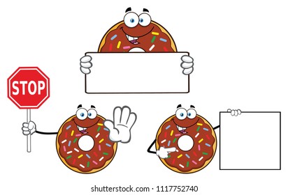 Chocolate Donut Cartoon Mascot Character Set 3. Vector Collection Isolated On White Background