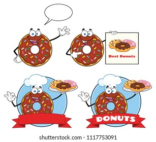 Chocolate Donut Cartoon Mascot Character Set 4. Vector Collection Isolated On White Background