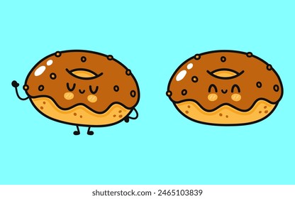 Chocolate Donut character. Vector hand drawn cartoon kawaii character illustration icon. Isolated on blue background. Happy Chocolate Donut character concept