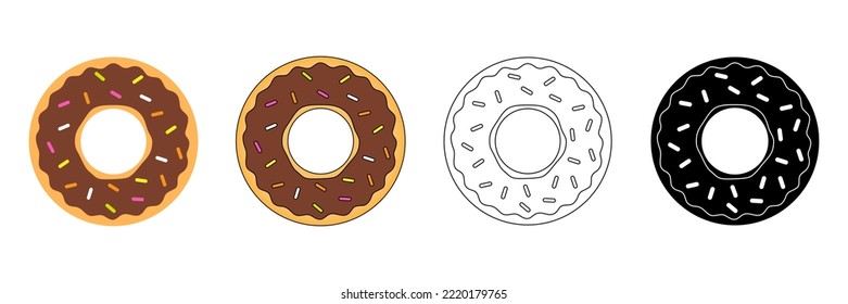 Chocolate donut collection. Color, silhouette and line donuts set. Vector illustration isolated on white.