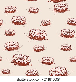 Chocolate donut with cream Hand drawn sketch on pink background. seamless pattern vector