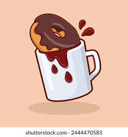 Chocolate donut dipped into a coffee mug vector illustration