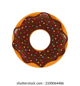 Chocolate donut. Doughnut with sprinkles. Cute glazed cake for breakfast. sweet donut with cream. Icon for logo of menu and cafe. Round fried bakery and dessert with glaze for morning. Vector.