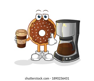 chocolate donut drinking coffee illustration. character vector