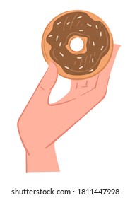 Chocolate donut with frosting, isolated icon of hand holding sweet product with sprinkles. Baked pastry with cream or sugar based. Eating in restaurant or cafe, dieting and nutrition, vector in flat