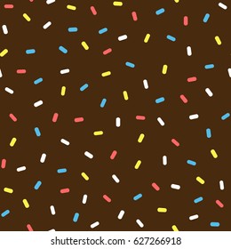 Chocolate donut glaze with sprinkles. Colorful seamless pattern. Brown, pink, yellow, white, blue. Vector illustration. 