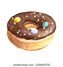 chocolate donut hand drawn with watercolor painting style illustration