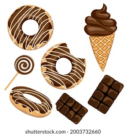 Chocolate donut with icing, chocolate bar, chocolate ice cream and lollipop. Set of doughnut. Cartoon style. Vector illustration.