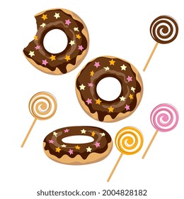 Chocolate donut with icing and sprinkles and lollipop. Set of doughnut. Cartoon style. Vector illustration.