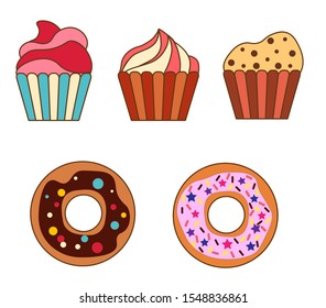 Chocolate donut icon in flat style isolated on white background vector illustration Cupcake vector  delicious confectionery and baking. holiday cakes cup food frosting flavors decoration set