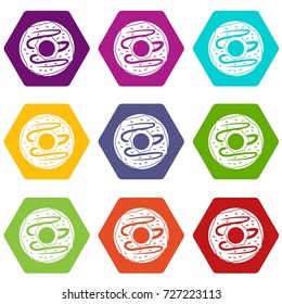 Chocolate donut icon set many color hexahedron isolated on white vector illustration
