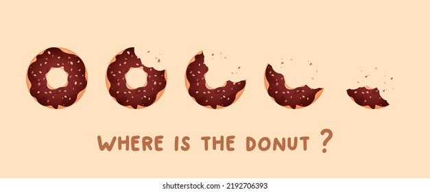 Chocolate Donut illustration vector, Sweet soft chocolate Donuts with nuts in concept "Where is my donut?". Break time with donuts top view on yellow background.