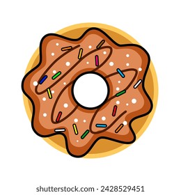 Chocolate donut with many sprinkles on top. Simple vector design of sweet and junk food.