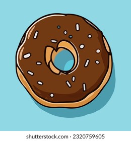 Chocolate donut on blue background. Vector illustration in cartoon style.