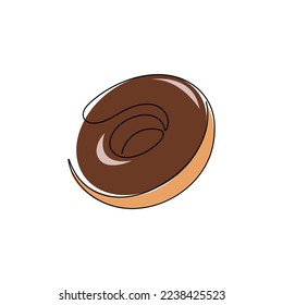 Chocolate donut in one line drawing style. Fast food, bakery concept. Hand drawn vector illustration.