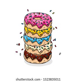 chocolate donut, donut with pink glaze, donuts with lemon, blue mint and white glaze and colored sprinkles.Vector illustration