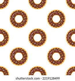 Chocolate donut seamless pattern. Sweet glazed donuts with colorful confetti. Unhealthy food. Vector isolated on white background.	