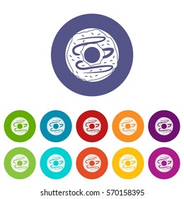 Chocolate donut set icons in different colors isolated on white background