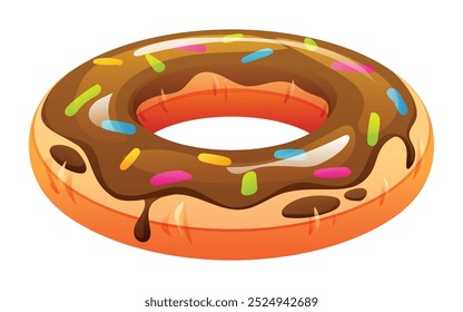 Chocolate donut shaped inflatable pool float. Vector cartoon illustration