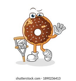 chocolate donut sick with limping stick character. cartoon mascot vector