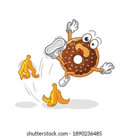 chocolate donut slipped on banana character. cartoon mascot vector