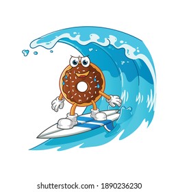 chocolate donut surfing on the wave character. cartoon mascot vector