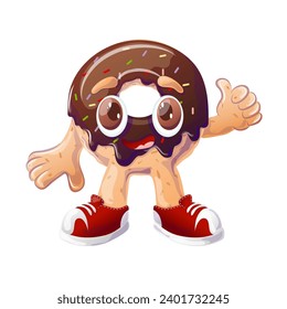 Chocolate donut. Template,retro poster with funny character. Delicious pastry. Trendy cartoon style from the 70s.