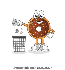 chocolate donut Throw garbage in trash can mascot. cartoon vector