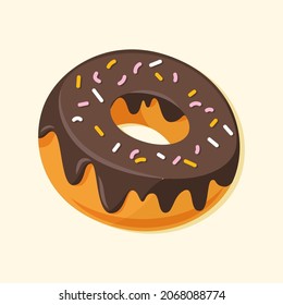 Chocolate donut vector cartoon illustration isolated on beige background. Brown glaze and colorful sprinkles. Tasty food for cafe, postcard, or web design.