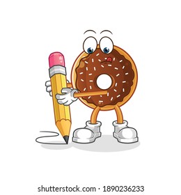chocolate donut write with pencil character. cartoon mascot vector