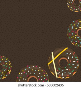 Chocolate donuts background for poster or banner design. Sweet sugar icing doughnuts in the glaze with colorful sprinkle topping. Top view graphics in flat style. Vector eps8 illustration