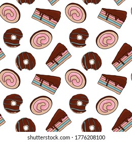 Donuts de chocolate y pasteles sin fisuras de repetición. Patrón de caramelos para embalaje de papel y más sobre fondo blanco 