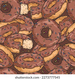 Chocolate donuts colorful seamless pattern with high-calorie baked goods covered with cocoa glaze for advertising confectionery coffee shop vector illustration